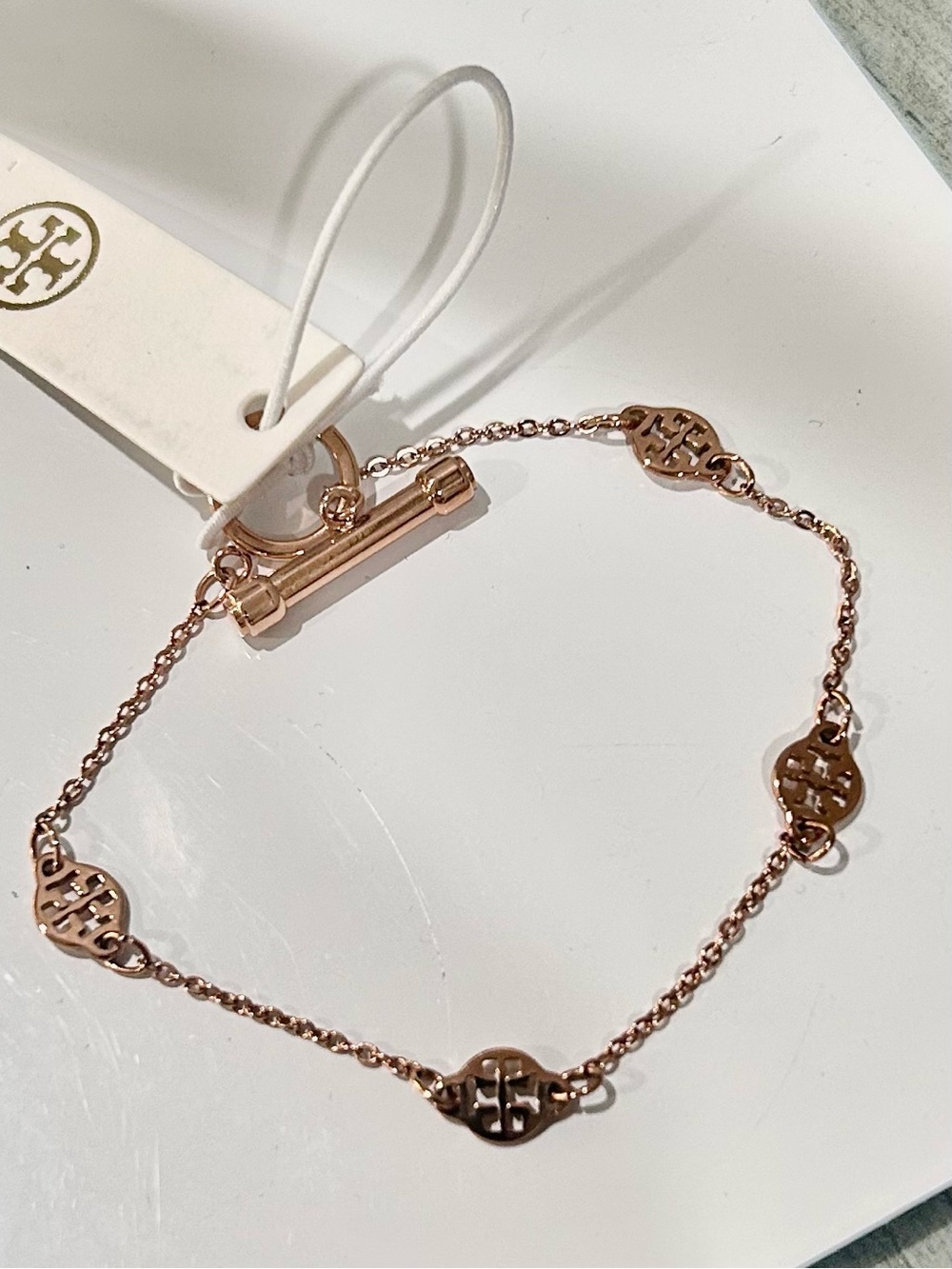 Tory Burch Rose Gold Logo Station Bracelet